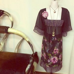 Sheer black floral BoHo hippie back tie dress XL